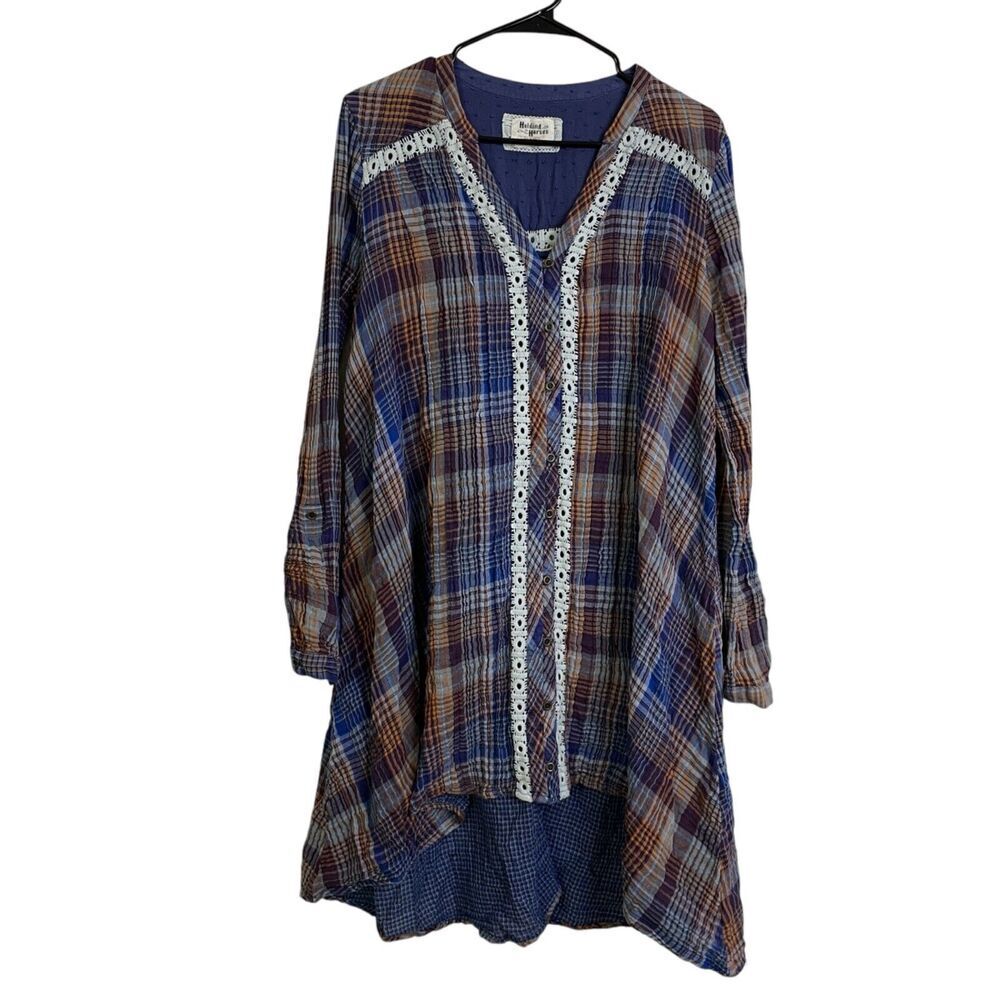Holding Horses Dress Plaid Long Sleeve Button Up V Neck Boho Hi Lo Womens Large